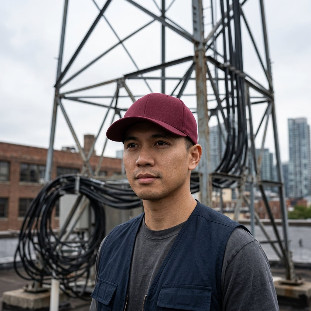 A man wearing a maroon fitted baseball cap and navy vest standing near industrial metal structures.