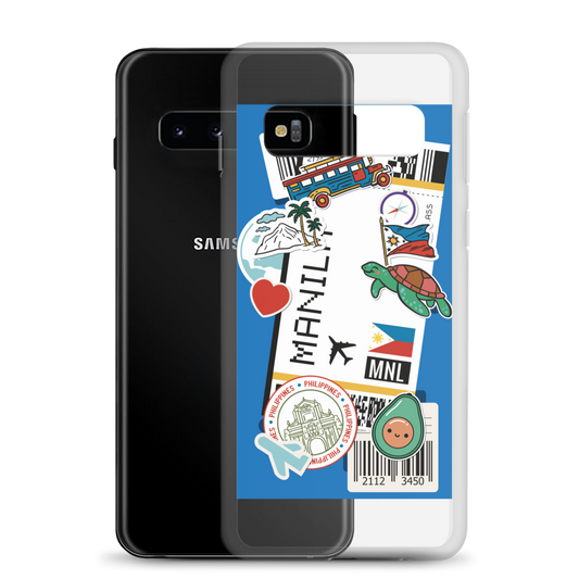 Phil Travel Boarding Pass clear case for Samsung featuring Manila travel stickers and motifs.