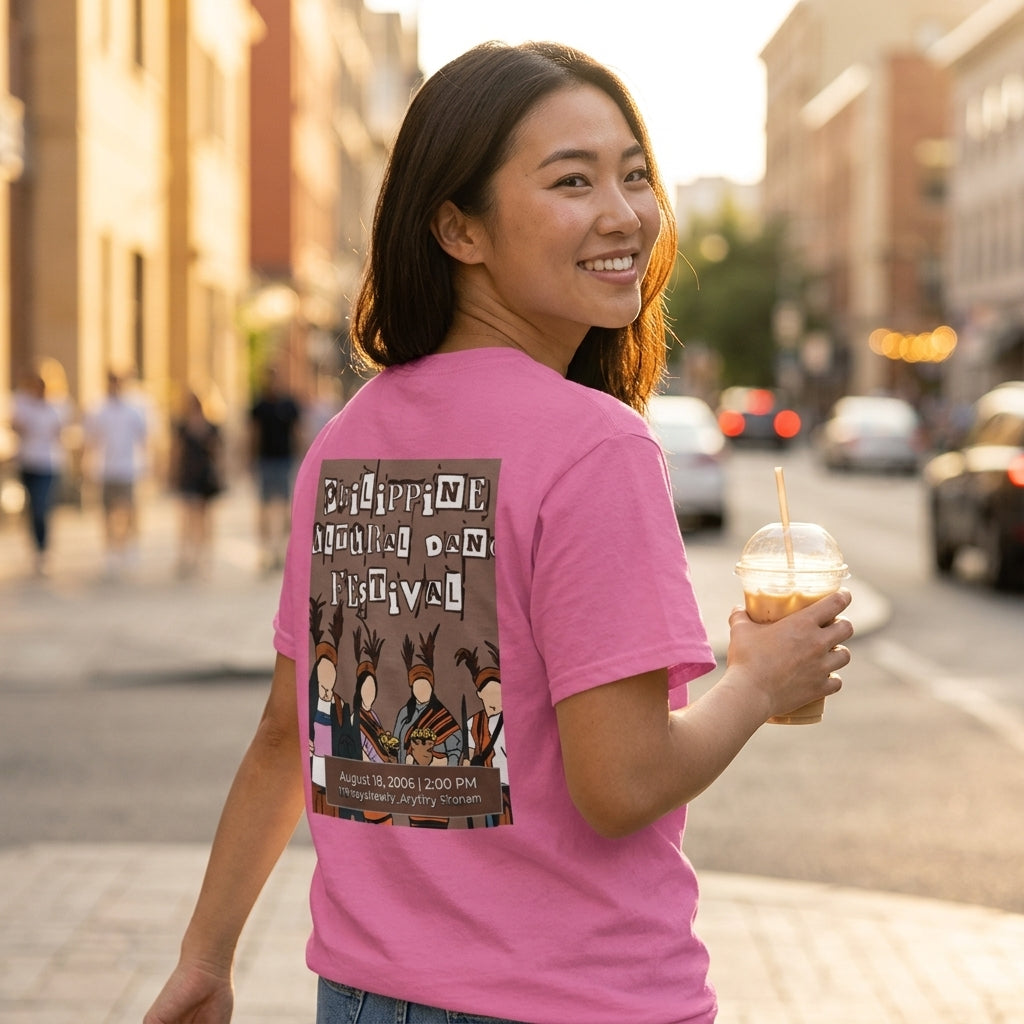 Woman in pink Gildan 5000 heavyweight t-shirt with Philippine Cultural Dance Festival back print.