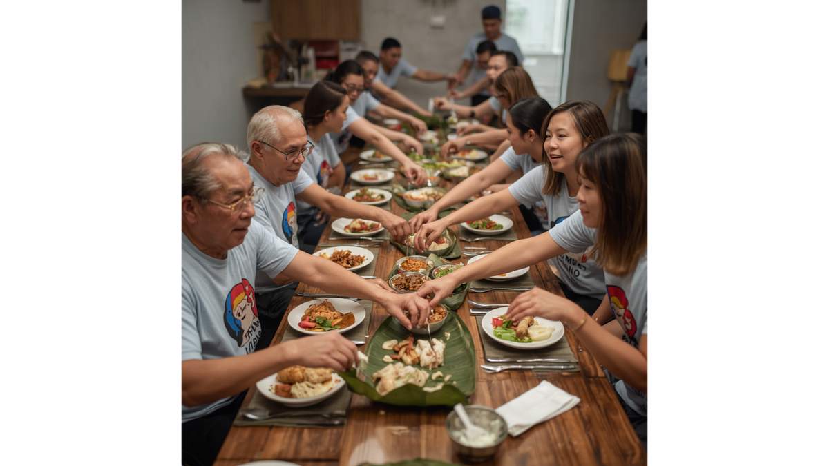 A group of people in graphic tees holding hands in prayer over a Filipino feast on a long table.