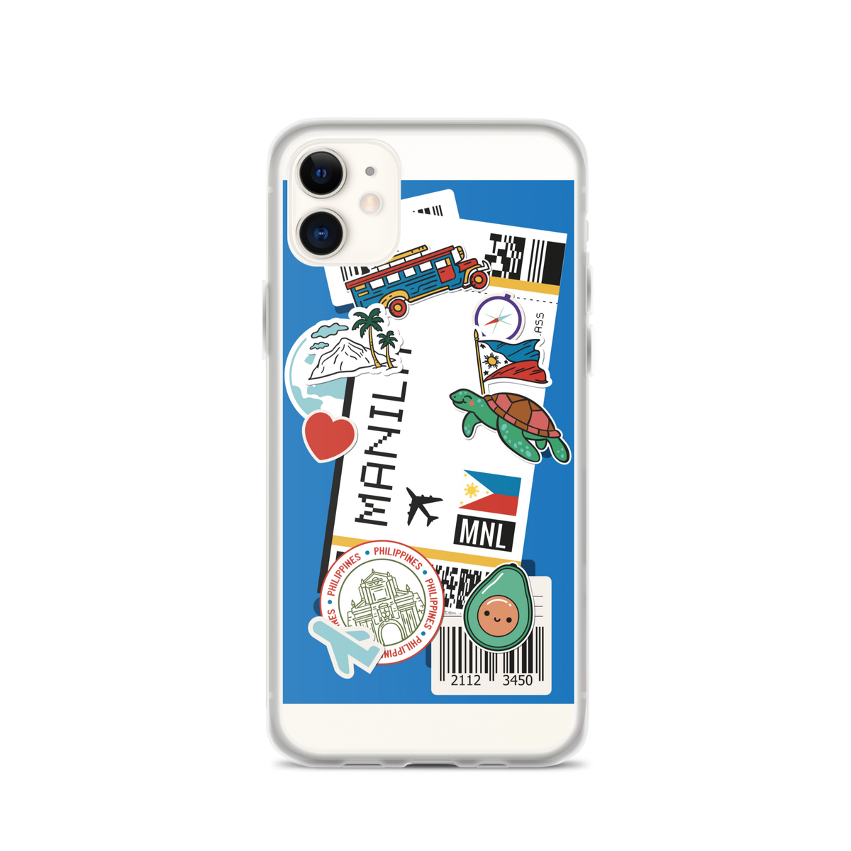 iPhone case with Filipino-themed stickers including a jeepney, sea turtle, and Manila ticket.