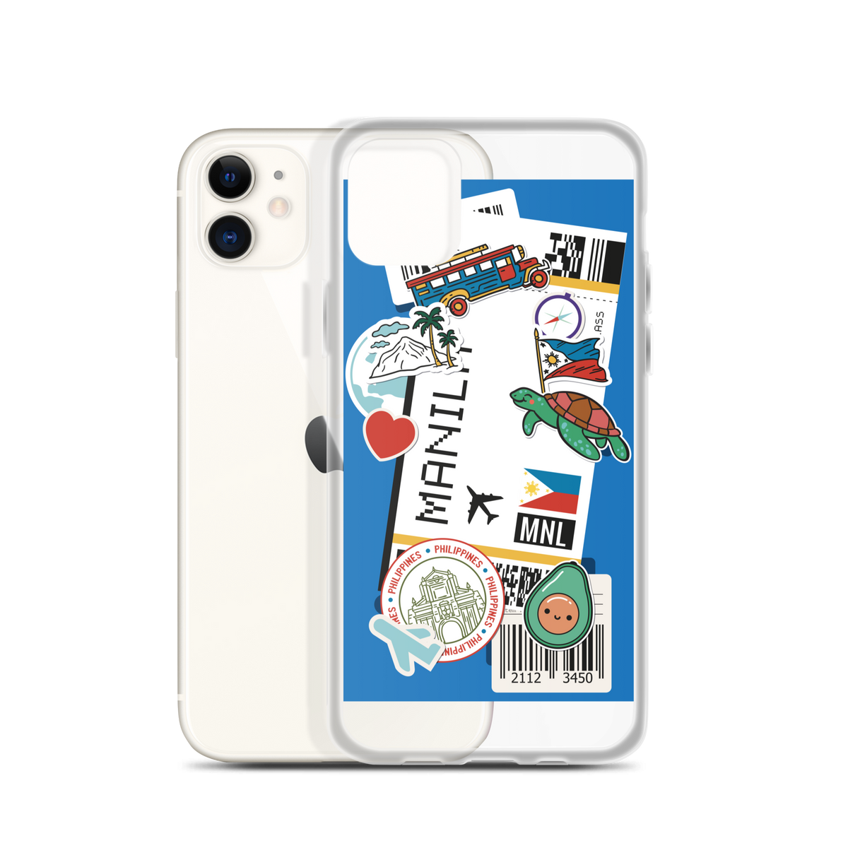 iPhone with clear case featuring Filipino-themed stickers like Manila, jeepney, and sea turtle.