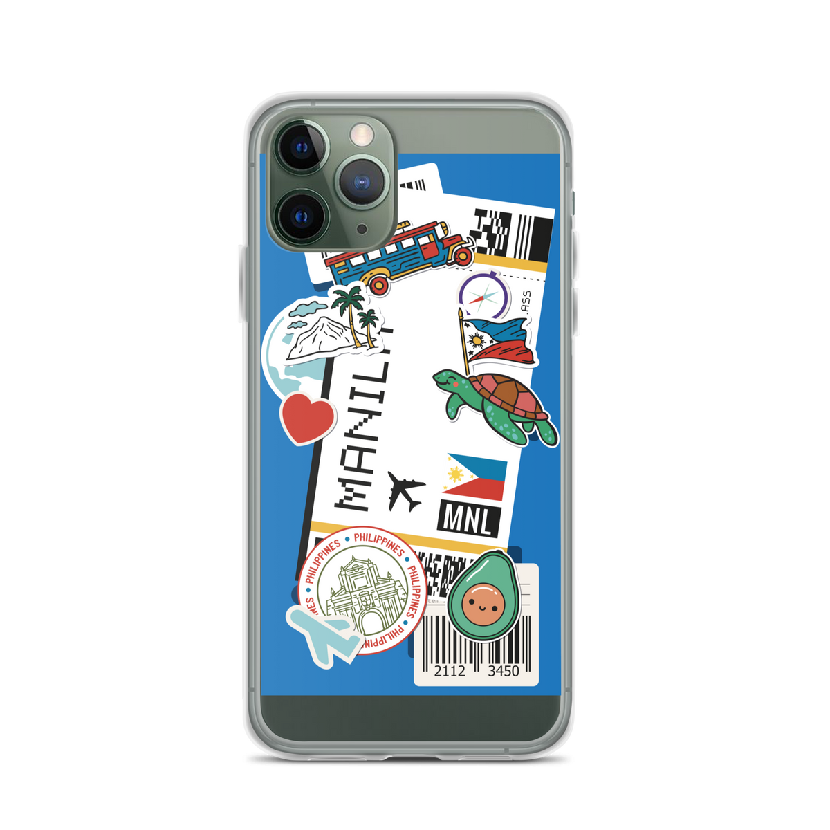iPhone case with Filipino-themed travel stickers, featuring Manila, jeepney, and Philippine flag.