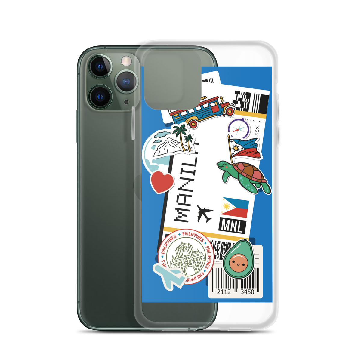 Smartphone with a clear case featuring a Manila-themed sticker collage including a jeepney, turtle, and avocado.