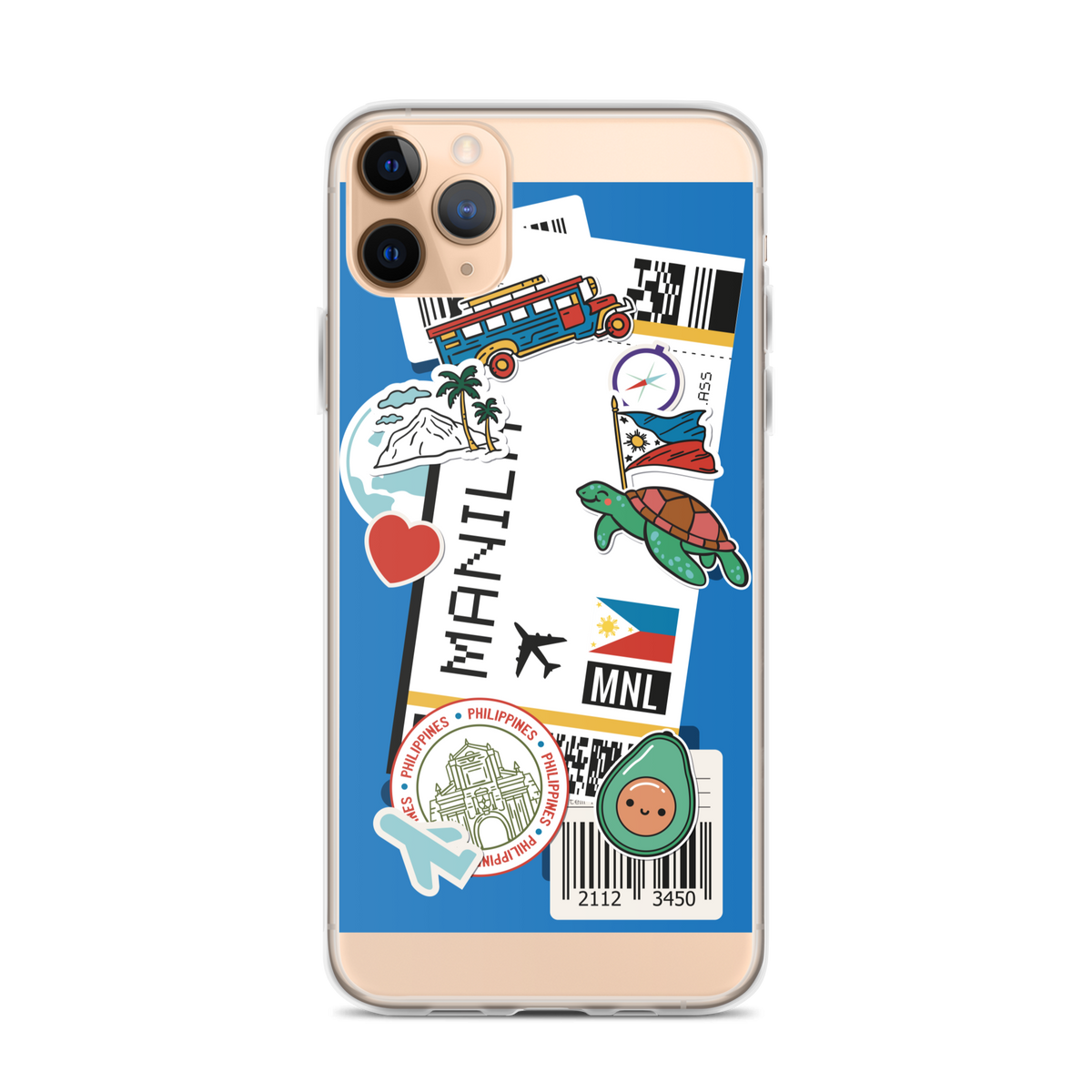 Clear phone case with Filipino-themed stickers including a jeepney, turtle, and Manila airport code.
