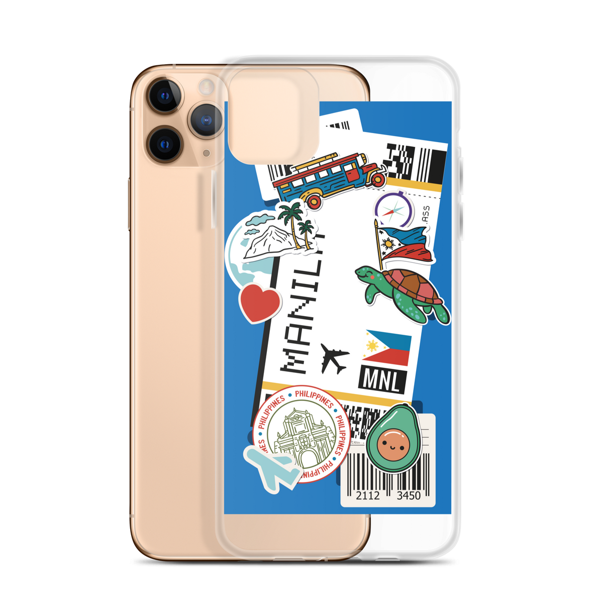 iPhone case with a blue Manila-themed collage featuring a jeepney, turtle, and PH flag.