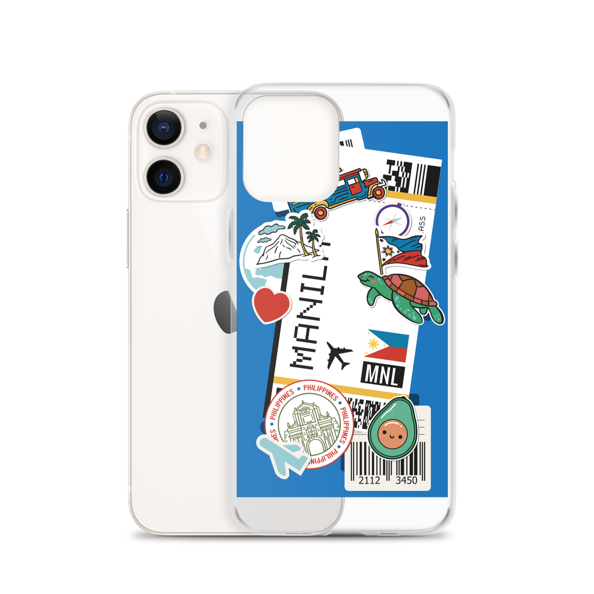 iPhone case with Manila Philippines travel stickers including jeepney, turtle, and tropical motifs.