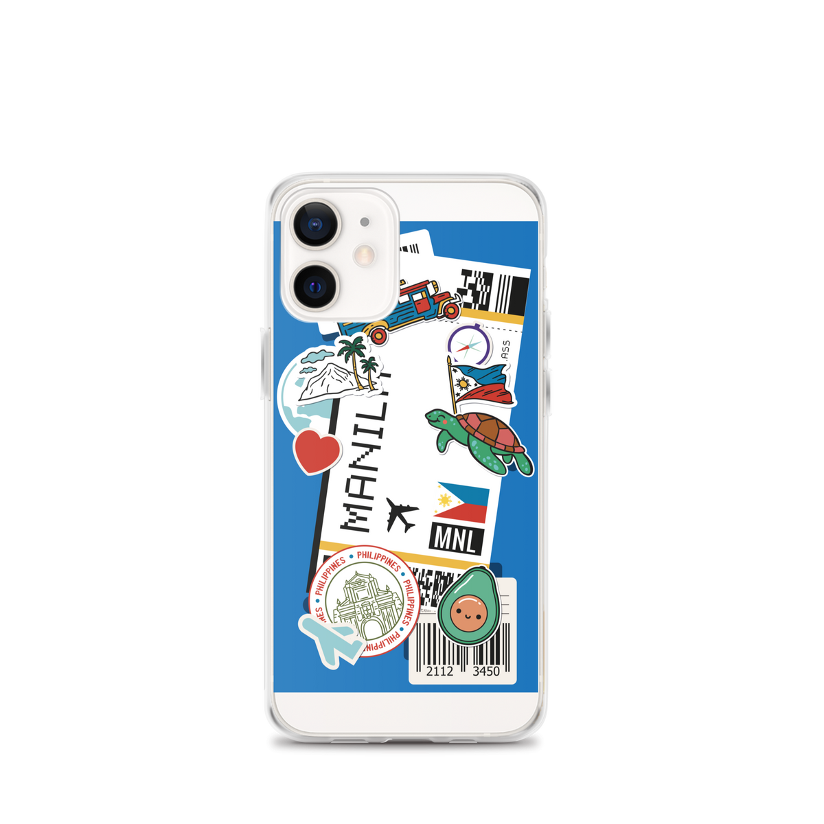 iPhone case with Filipino-themed stickers featuring Manila, Philippine flag, and sea turtle.