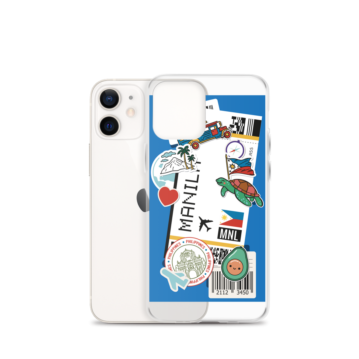 White smartphone with a clear case featuring Manila and Philippines themed travel stickers.