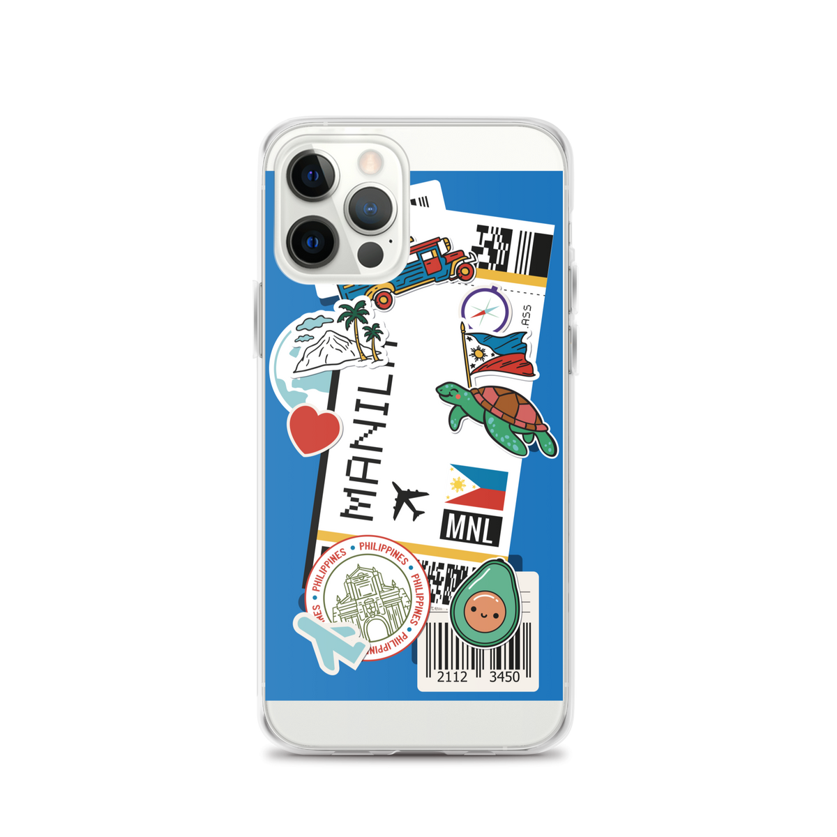 iPhone case with Filipino-themed stickers including Manila, a turtle, and Philippine flag.
