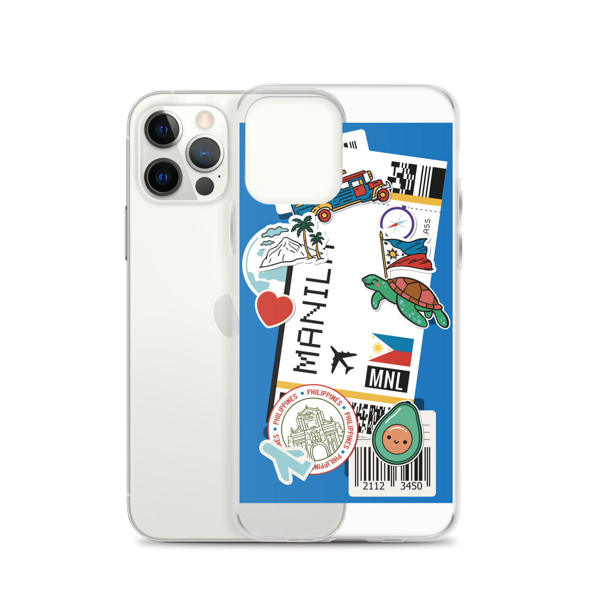 iPhone case with colorful Filipino-themed stickers including Manila text, jeepney, and turtle.
