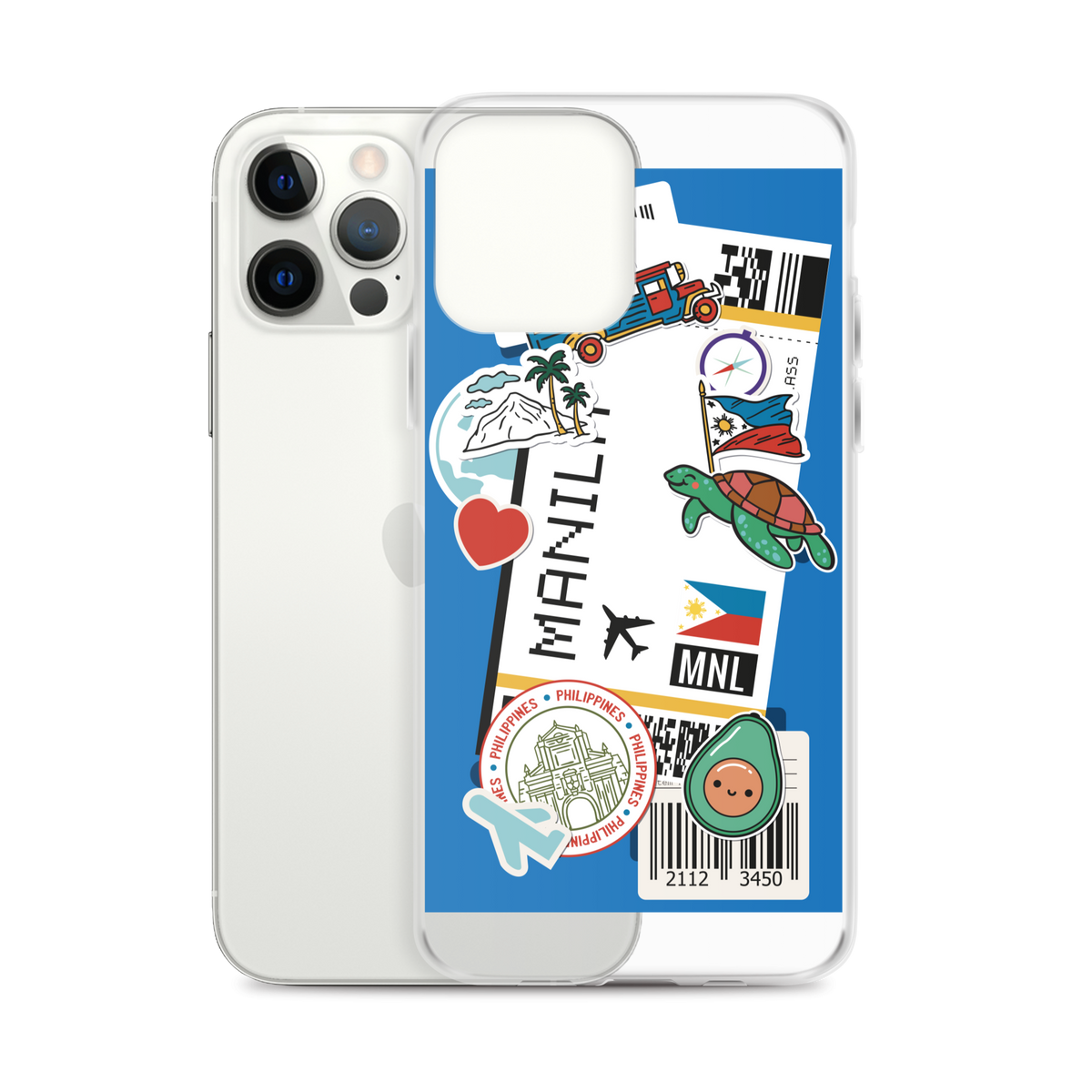 iPhone case with Filipino-themed stickers including a Philippine flag, Manila text, and sea turtle.