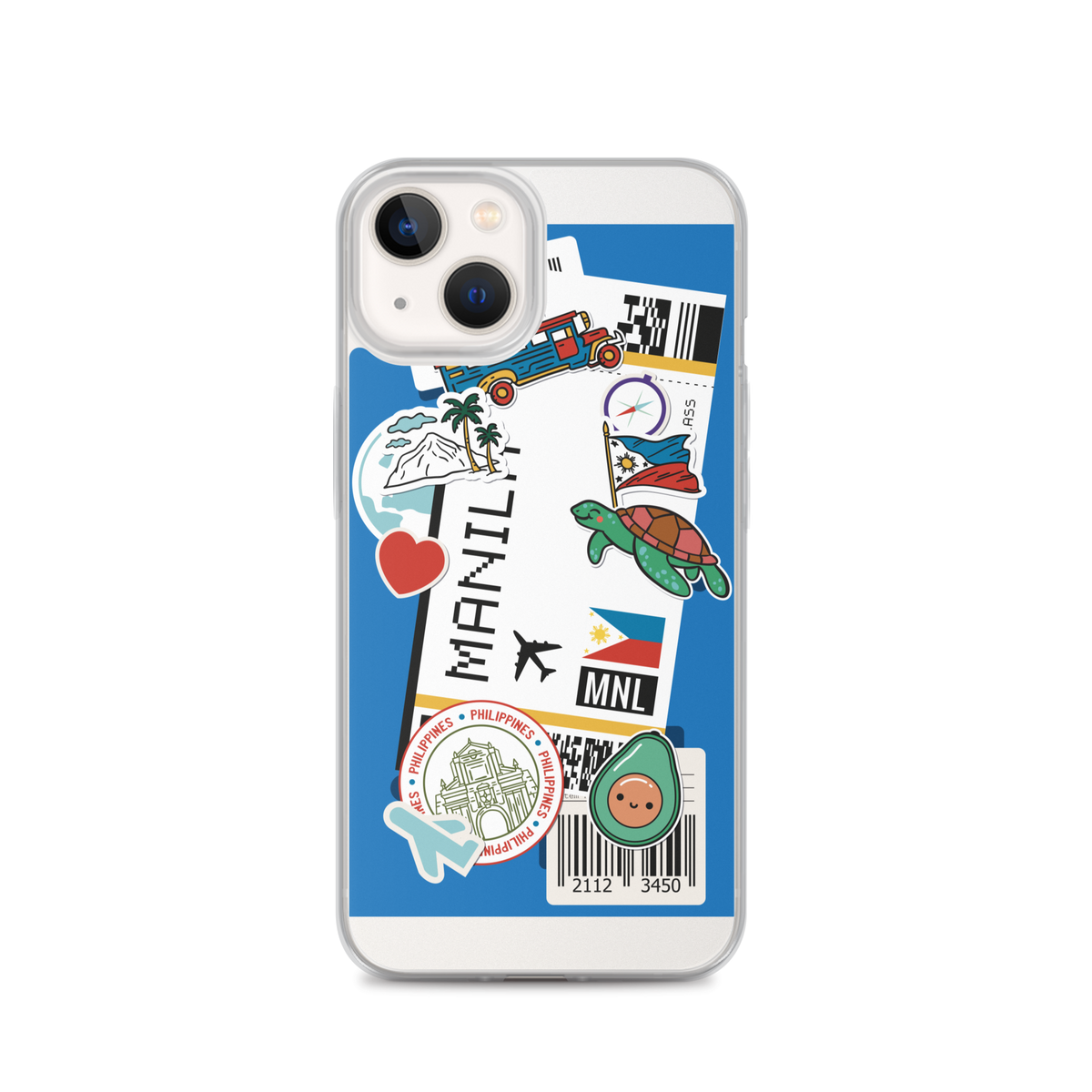 Clear iPhone case with Manila travel stickers, Philippine flag, turtle, and tropical motifs.