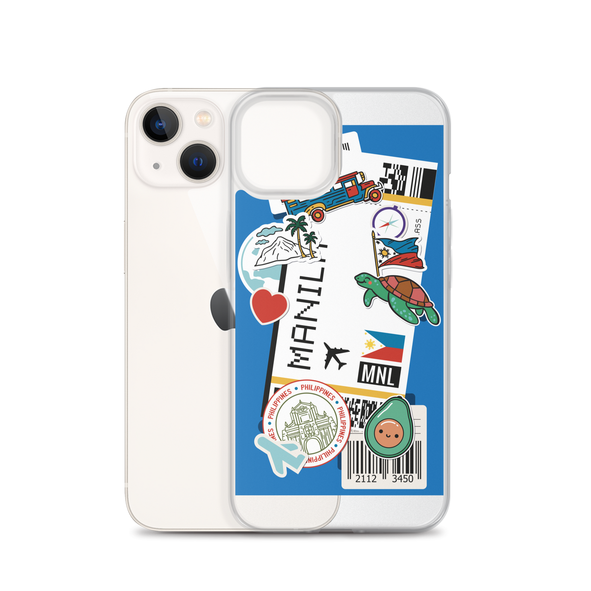 iPhone case with colorful Filipino-themed stickers including Manila text, a turtle, and avocado.