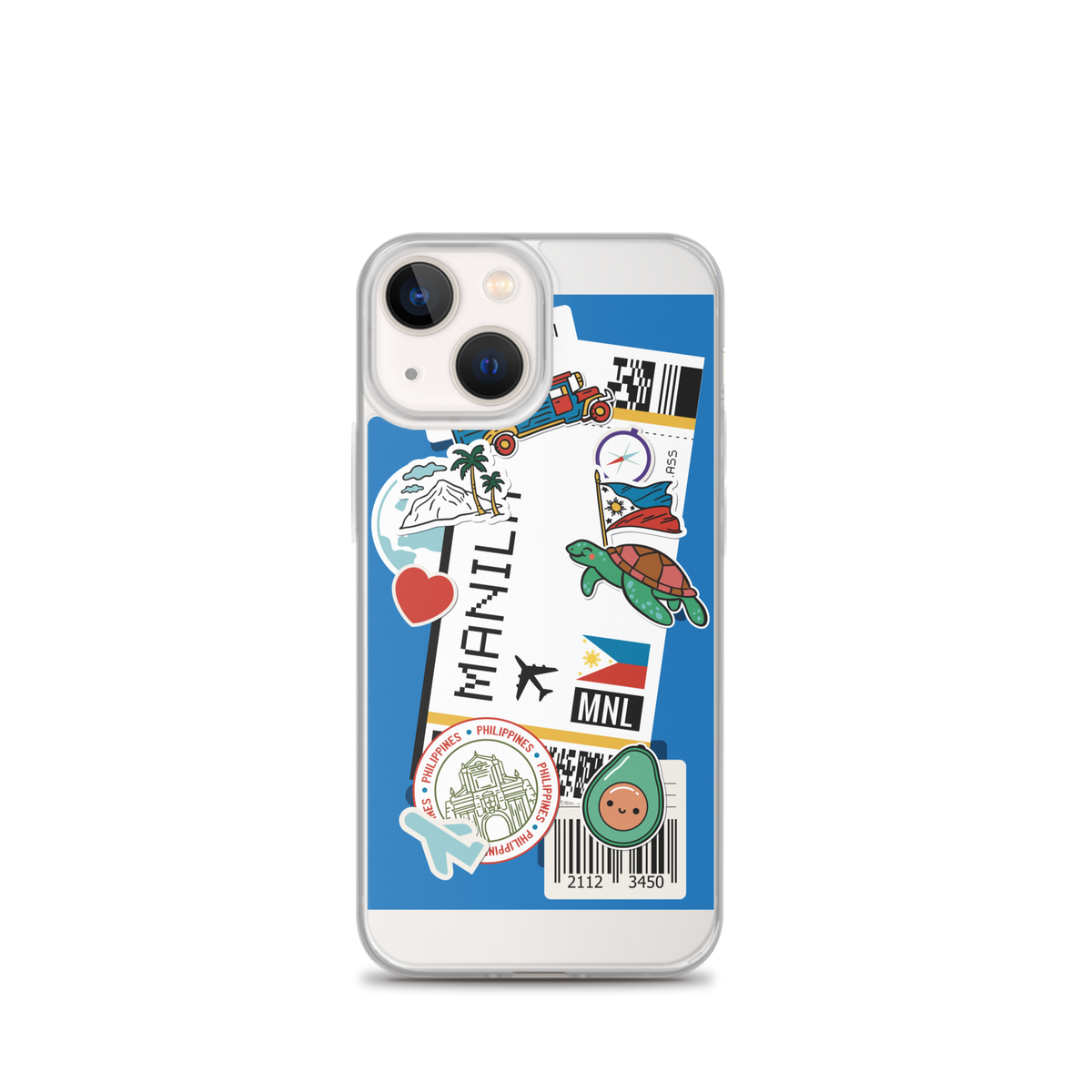 iPhone case with Filipino-themed stickers including Manila flight ticket, Philippine flag, and turtle.