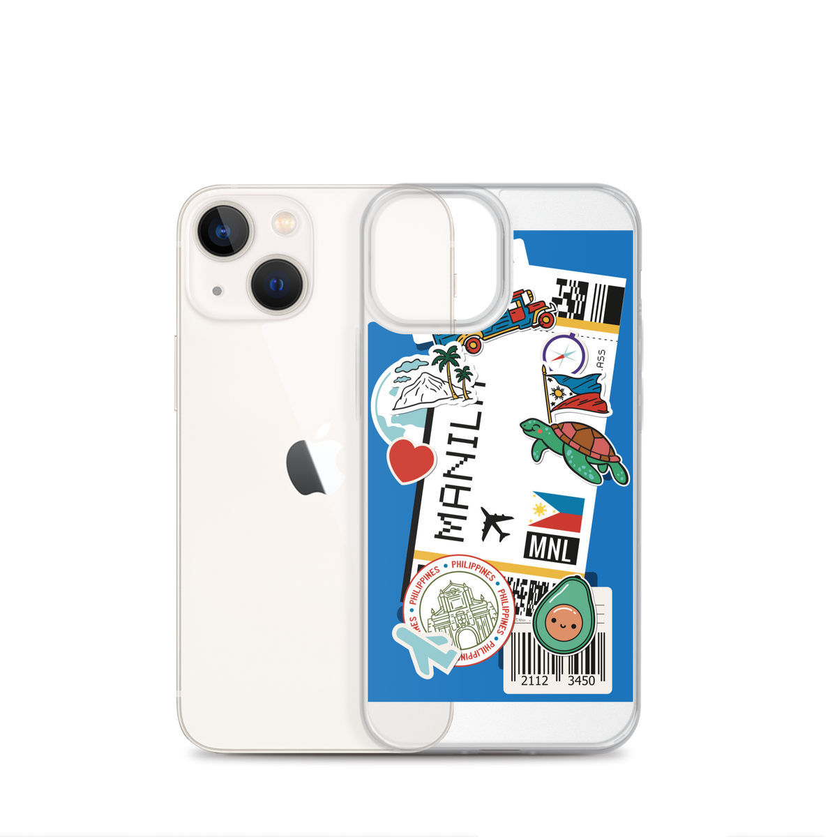 iPhone with a blue Filipino-themed sticker case featuring Manila, Philippine flag, and sea turtle.