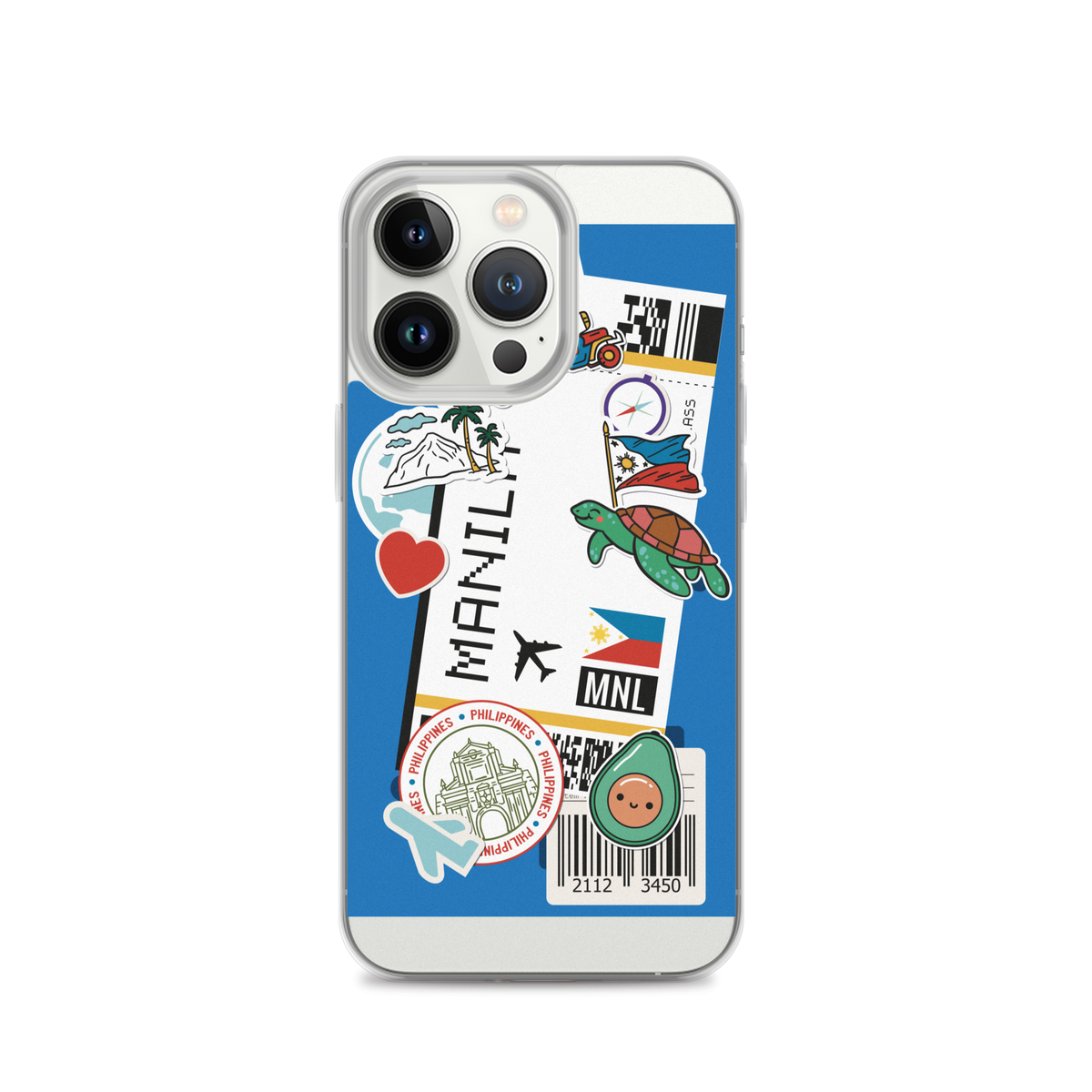 iPhone case decorated with Filipino-themed stickers like a turtle, Philippine flag, and Manila text.