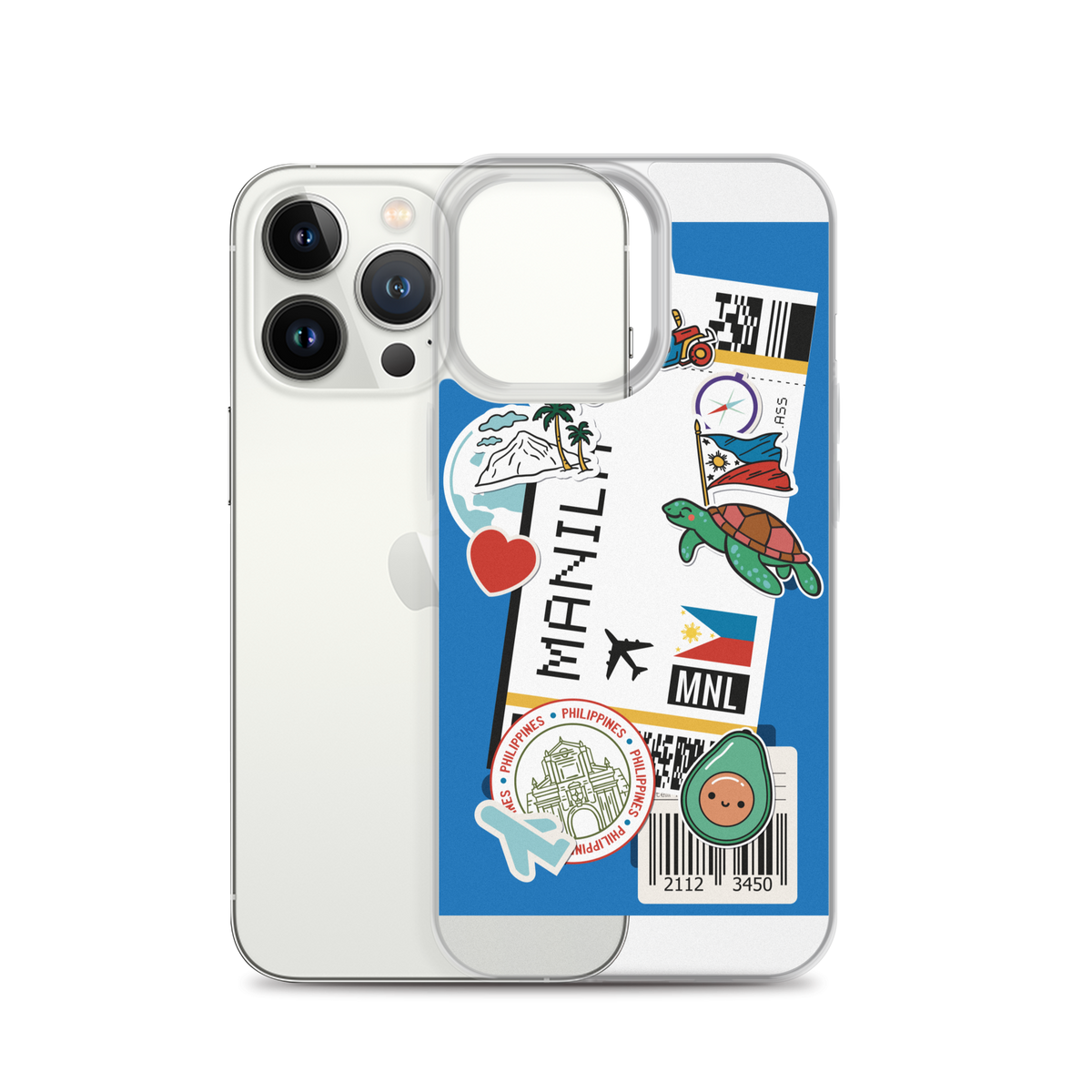 iPhone case with Filipino-themed stickers including Manila, Philippine flag, and sea turtle.