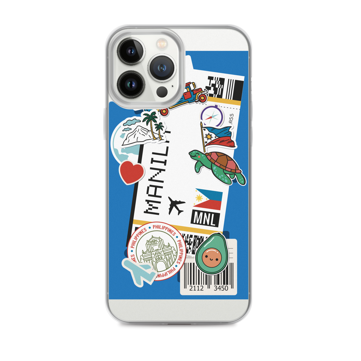 iPhone case with Filipino-themed stickers including Manila text, Philippine flag, and sea turtle