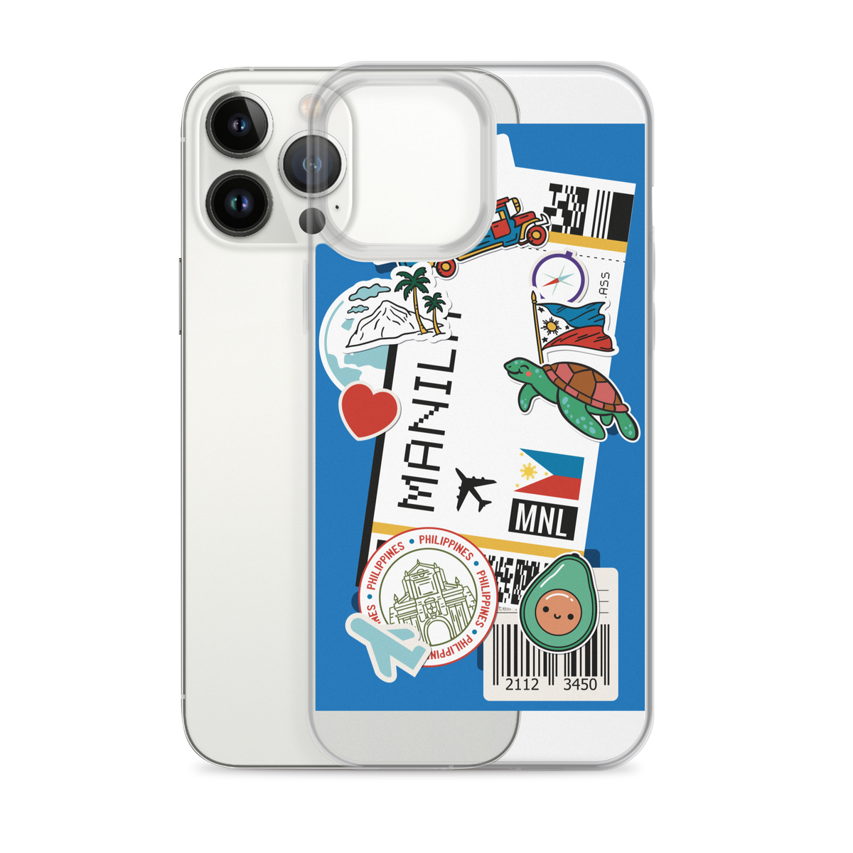 iPhone case with Filipino-themed stickers including Manila, Philippine flag, and sea turtle.