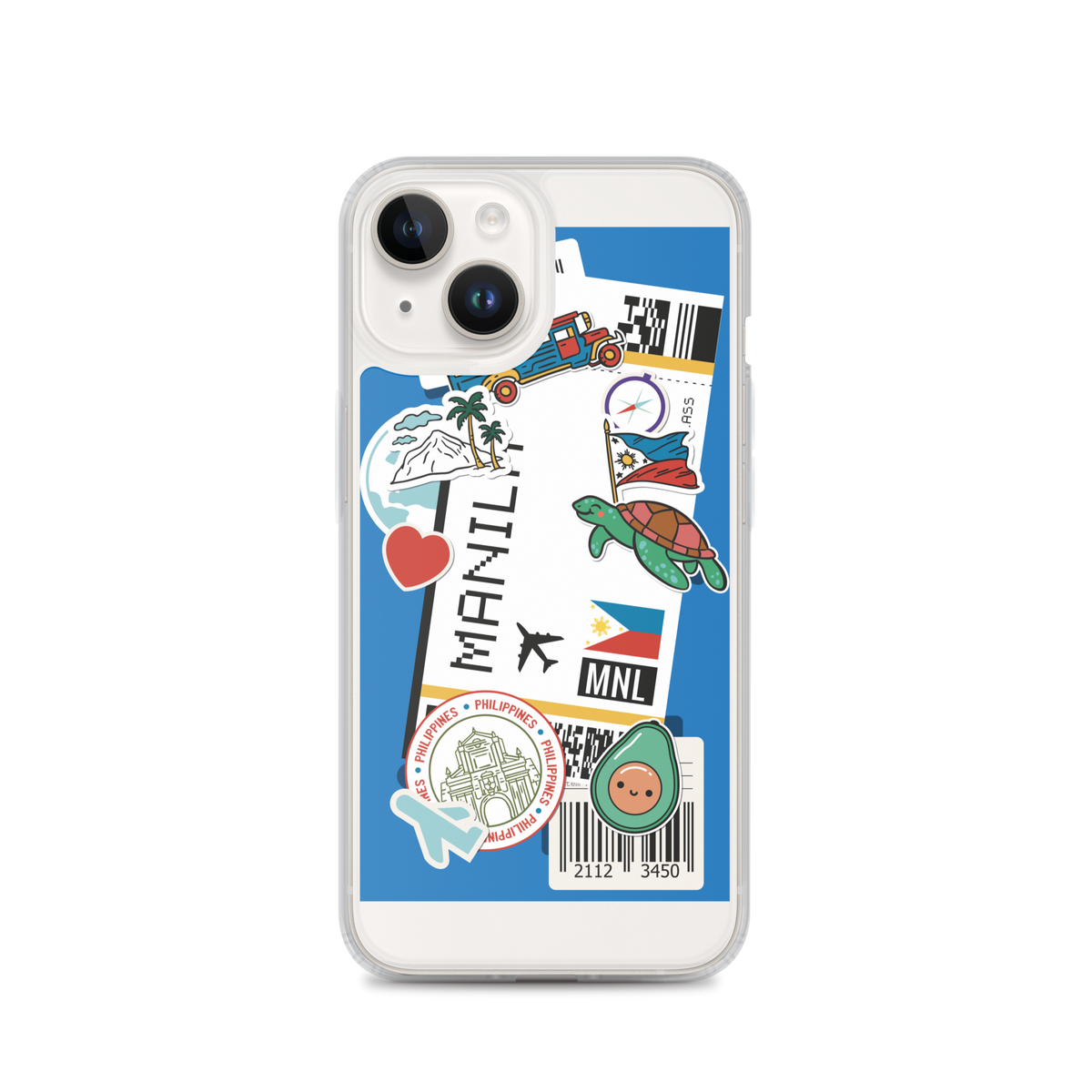 Clear iPhone case with Manila Philippines themed stickers including jeepney, turtle, and avocado.