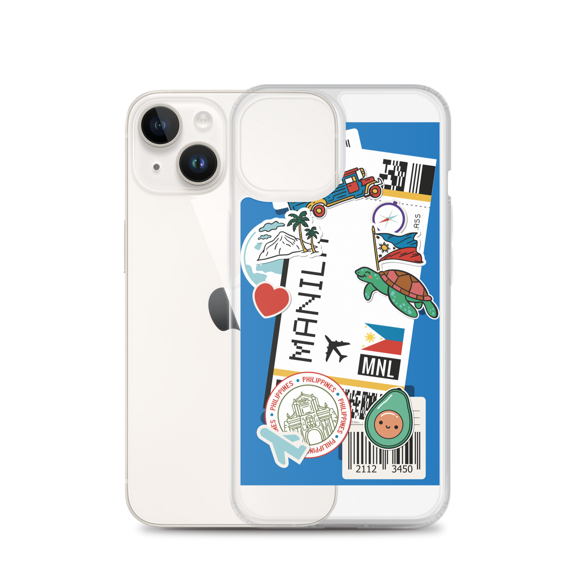 iPhone with clear case featuring Manila themed travel stickers and Filipino motifs.