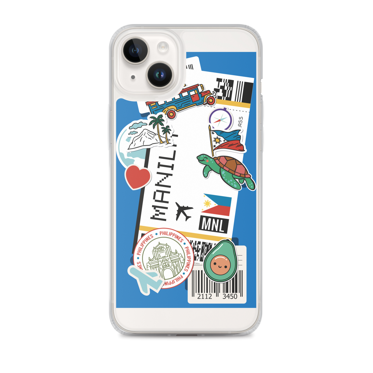 iPhone case with Filipino themed stickers including Manila typography, jeepney, and turtle.