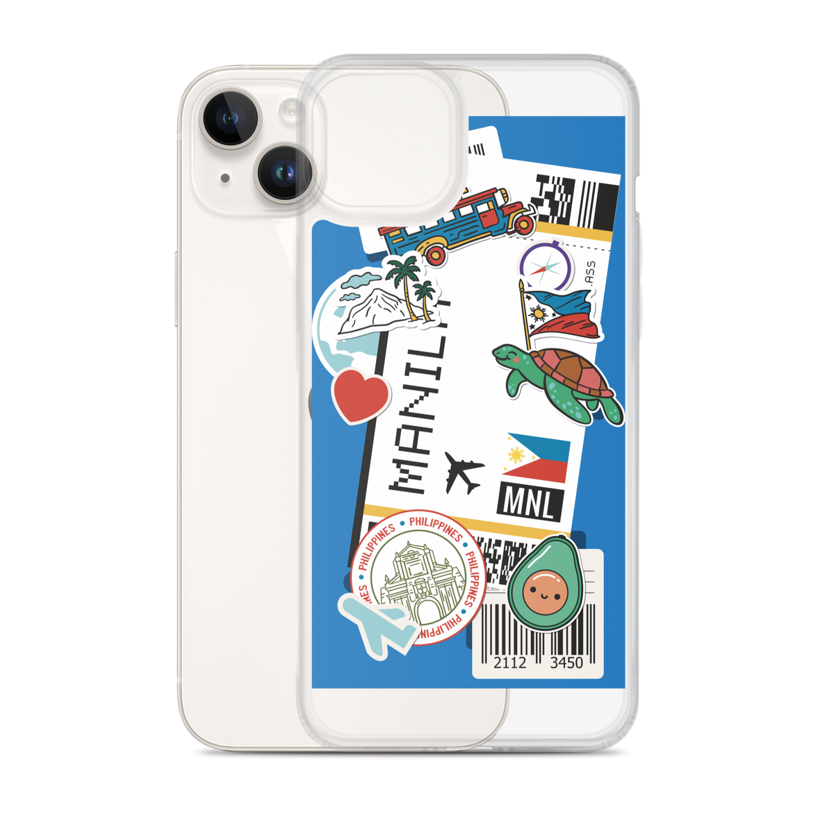 Clear phone case with Manila Philippines travel stickers, jeepney, and tropical motifs.