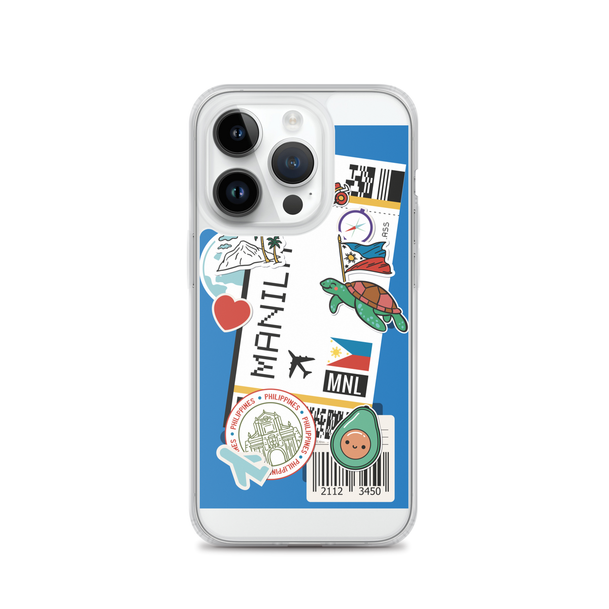 iPhone case with Filipino-themed stickers including Manila text, turtle, and Philippine flag.