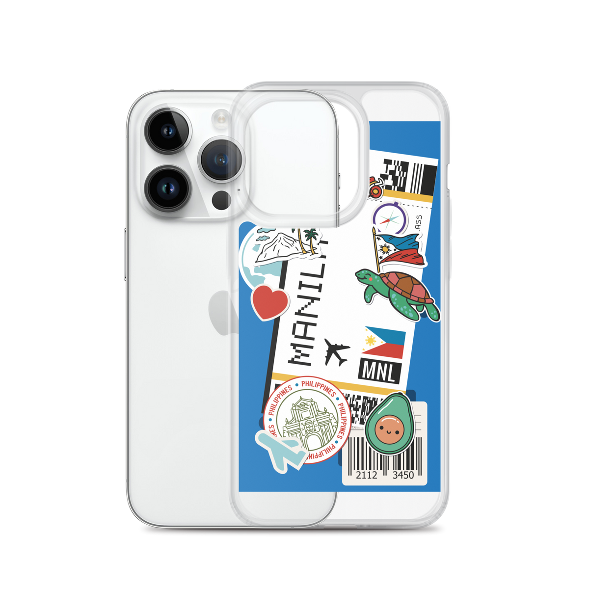 Clear phone case with Manila Philippines themed stickers including a turtle and flag.