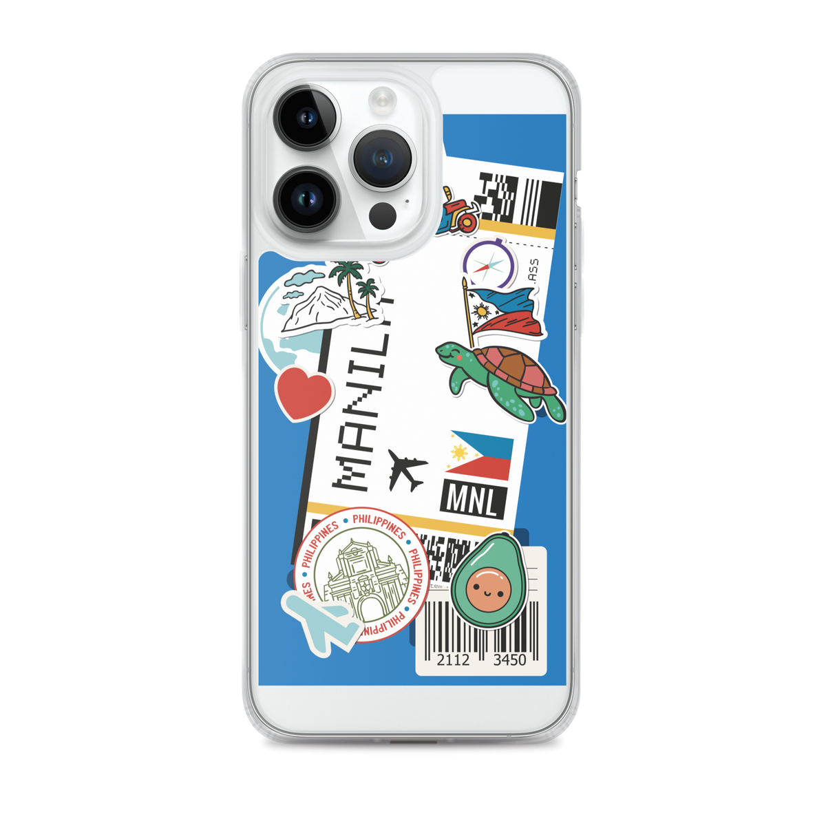 iPhone case with Manila Philippines travel stickers, turtle, and tropical motifs.