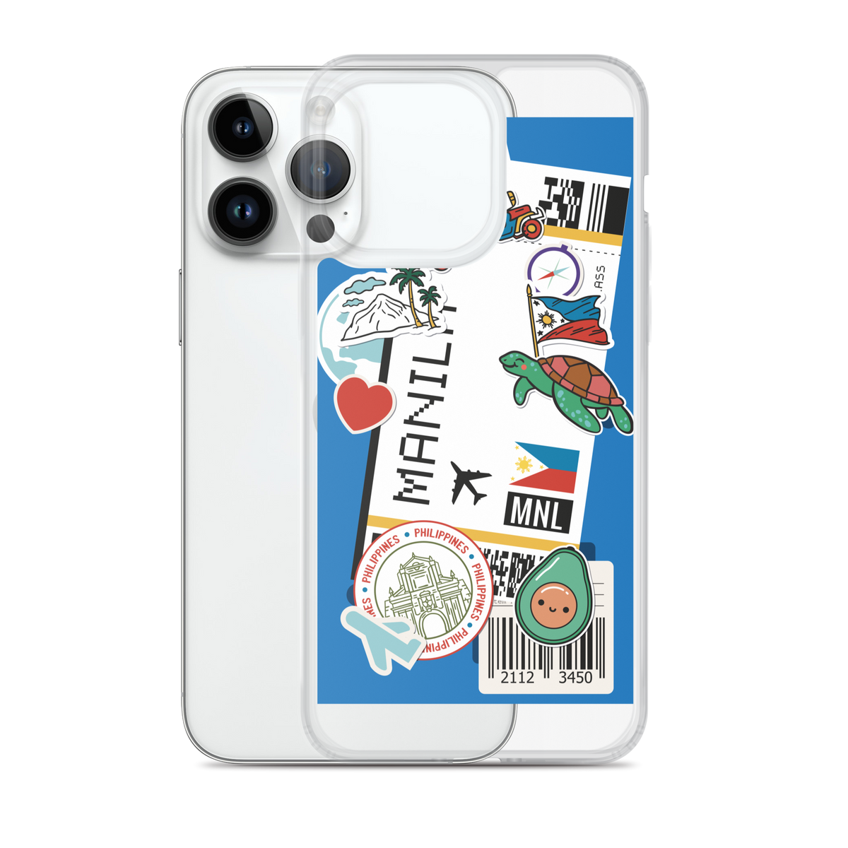 Clear iPhone case with Manila themed stickers featuring a turtle, Philippine flag, and tropical icons.