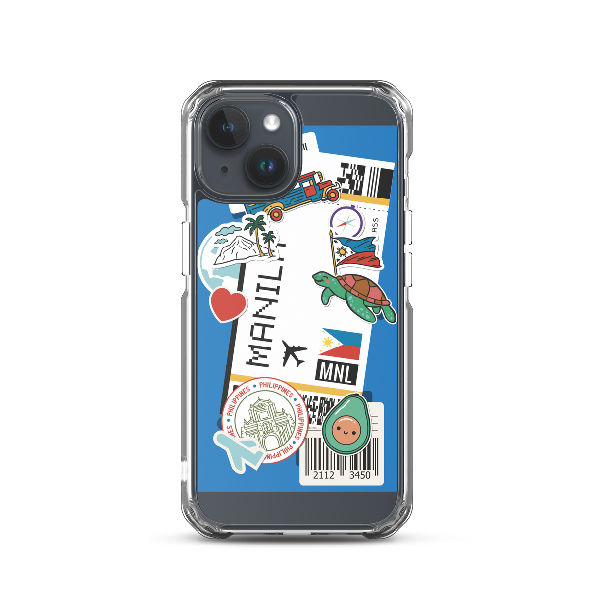 Phone case with Filipino-themed stickers including Manila text, jeepney, and Philippine flag.