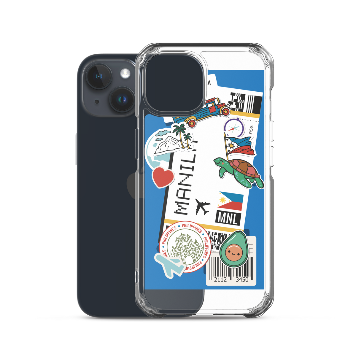 Clear phone case featuring Manila travel stickers, Philippine flag, and tropical motifs.