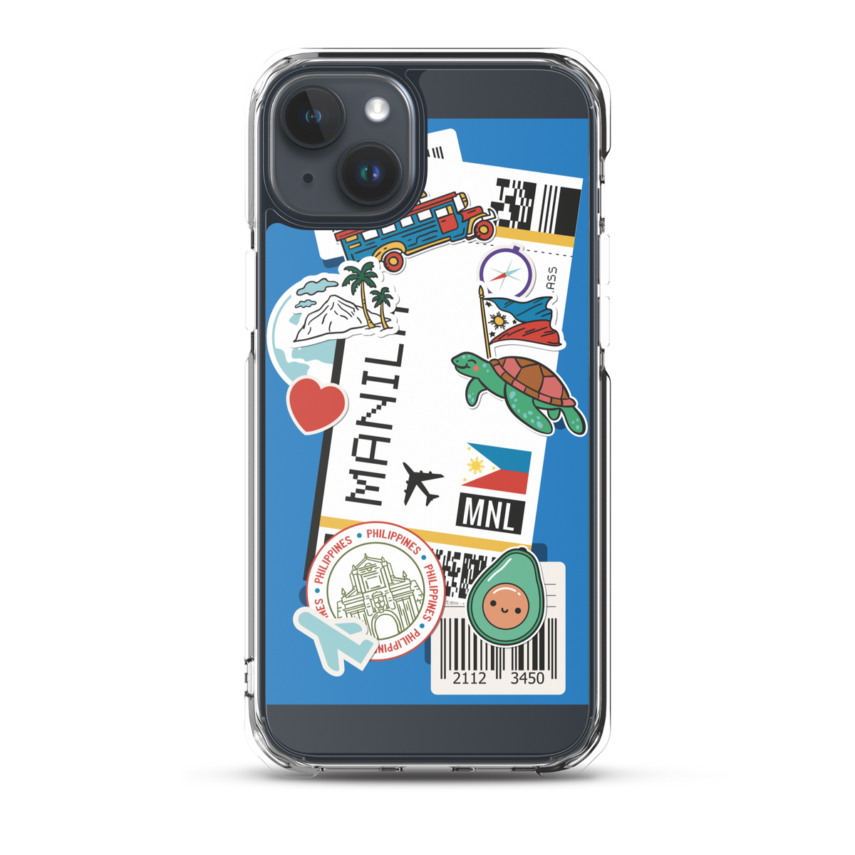 iPhone case with Filipino themed stickers including jeepney, turtle, and Manila travel motifs.