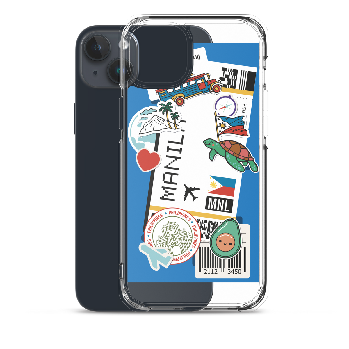 Clear iPhone case with Manila Philippines themed stickers including jeepney, turtle, and flag.