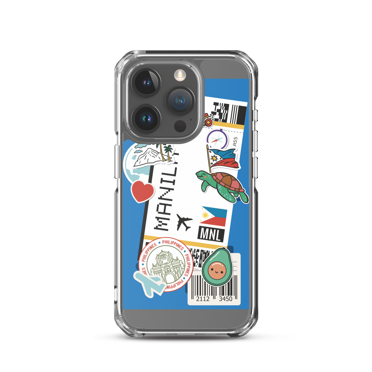 Clear iPhone case with Manila Philippines travel stickers, tropical motifs, and flag designs.