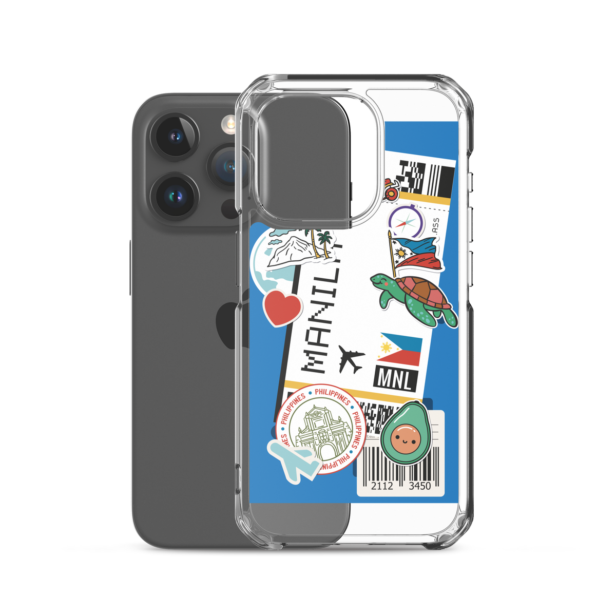 Clear phone case with colorful Manila and Philippines travel stickers and icons.
