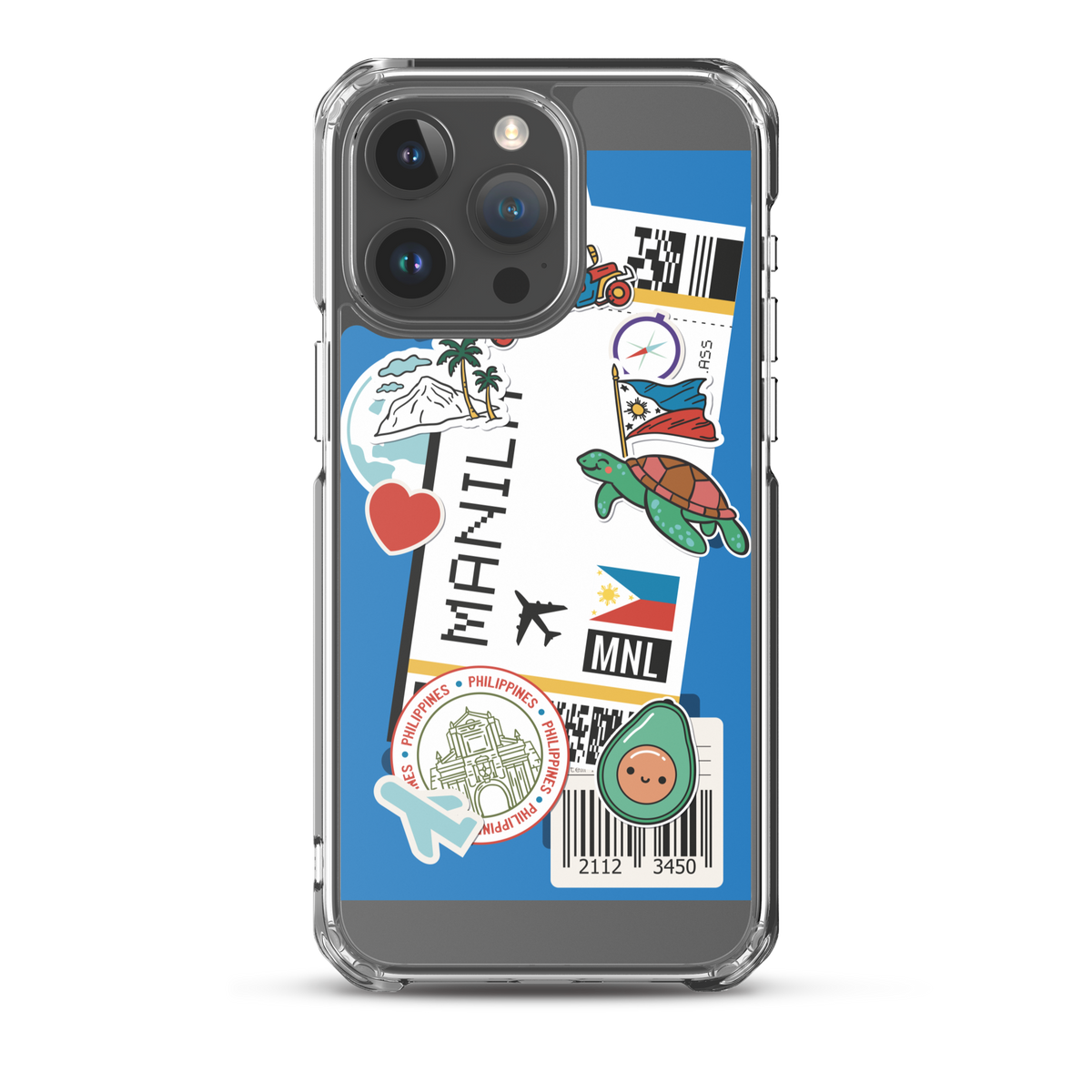 Clear iPhone case with Filipino themed stickers including Manila travel motifs and flag.