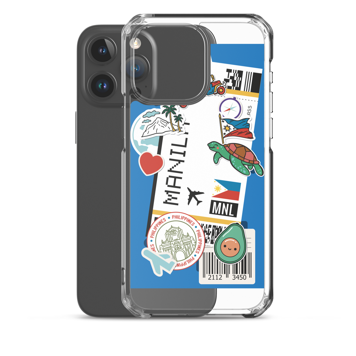 Clear iPhone case with colorful Manila Philippines travel stickers and tropical motifs.