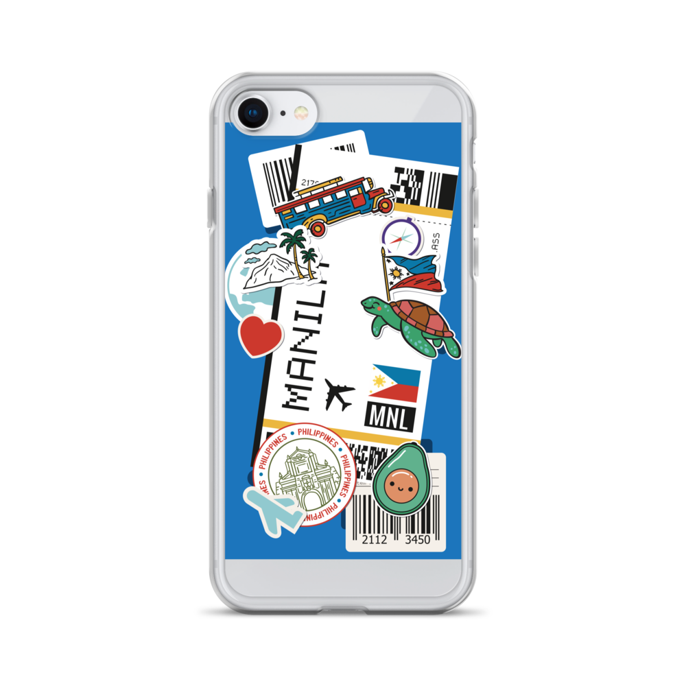 Clear phone case featuring Filipino-themed stickers like a jeepney, turtle, and Manila text.