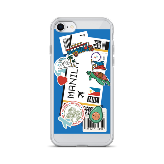 Clear phone case featuring Filipino-themed stickers like a jeepney, turtle, and Manila text.