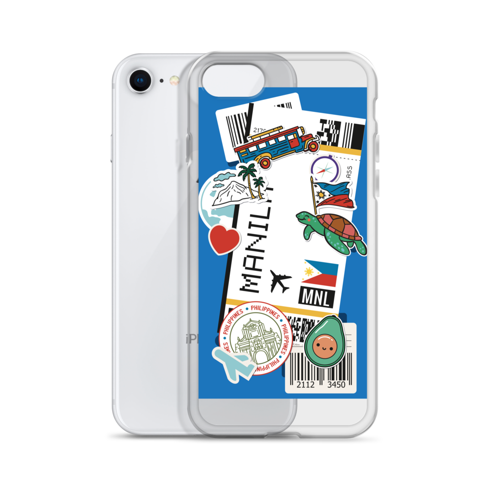 iPhone case with Manila travel stickers featuring a jeepney, sea turtle, and Philippine flag.