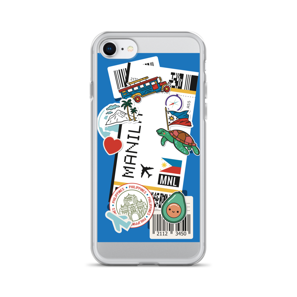 Phil Travel Boarding Pass clear iPhone case with Manila stickers and Philippine travel motifs.