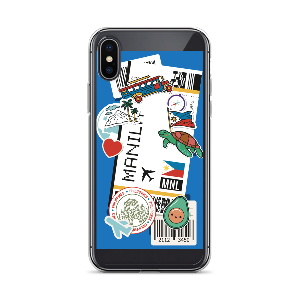 Phil Travel Boarding Pass clear iPhone case featuring Manila flight stickers and Filipino motifs.