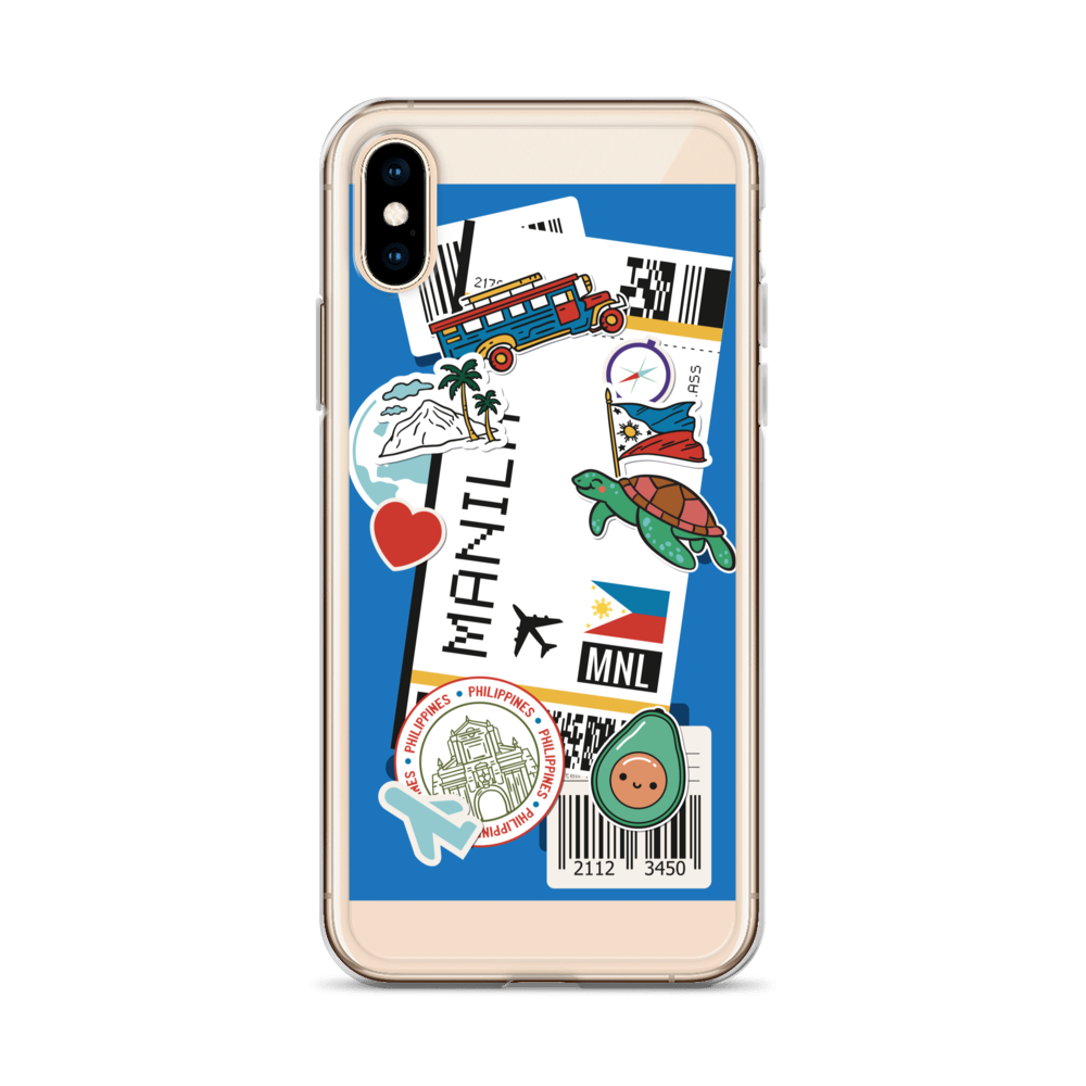 Clear iPhone case featuring Filipino travel stickers like Manila boarding pass, jeepney, and turtle.