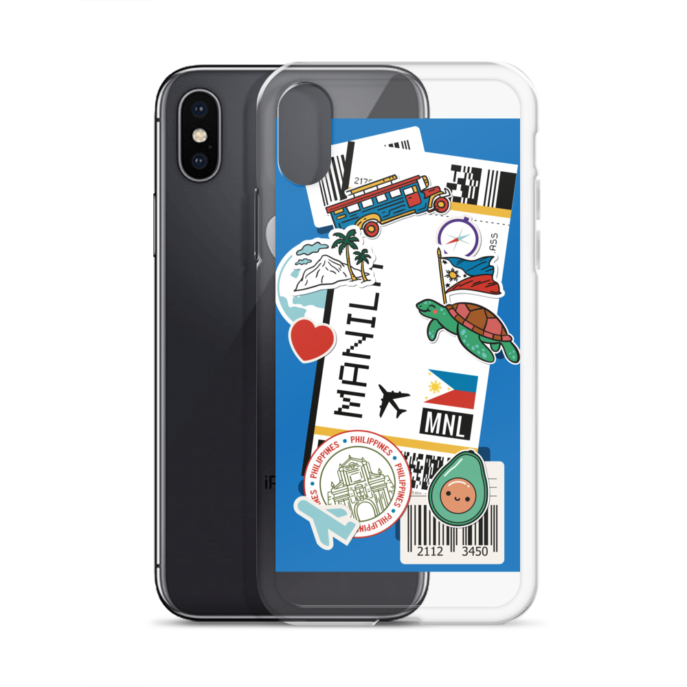 Phil Travel Boarding Pass clear iPhone case with Manila stickers and Filipino travel motifs