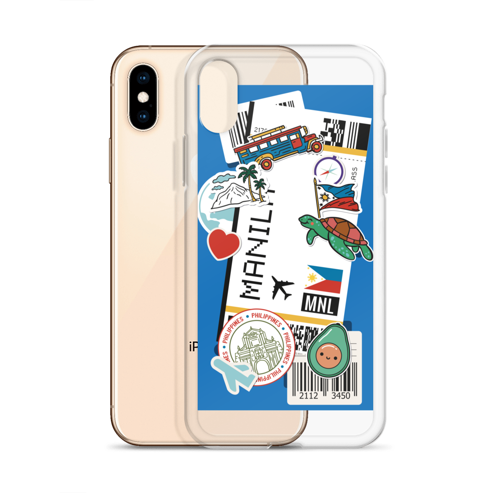 iPhone clear case with Manila boarding pass design featuring Filipino travel stickers.