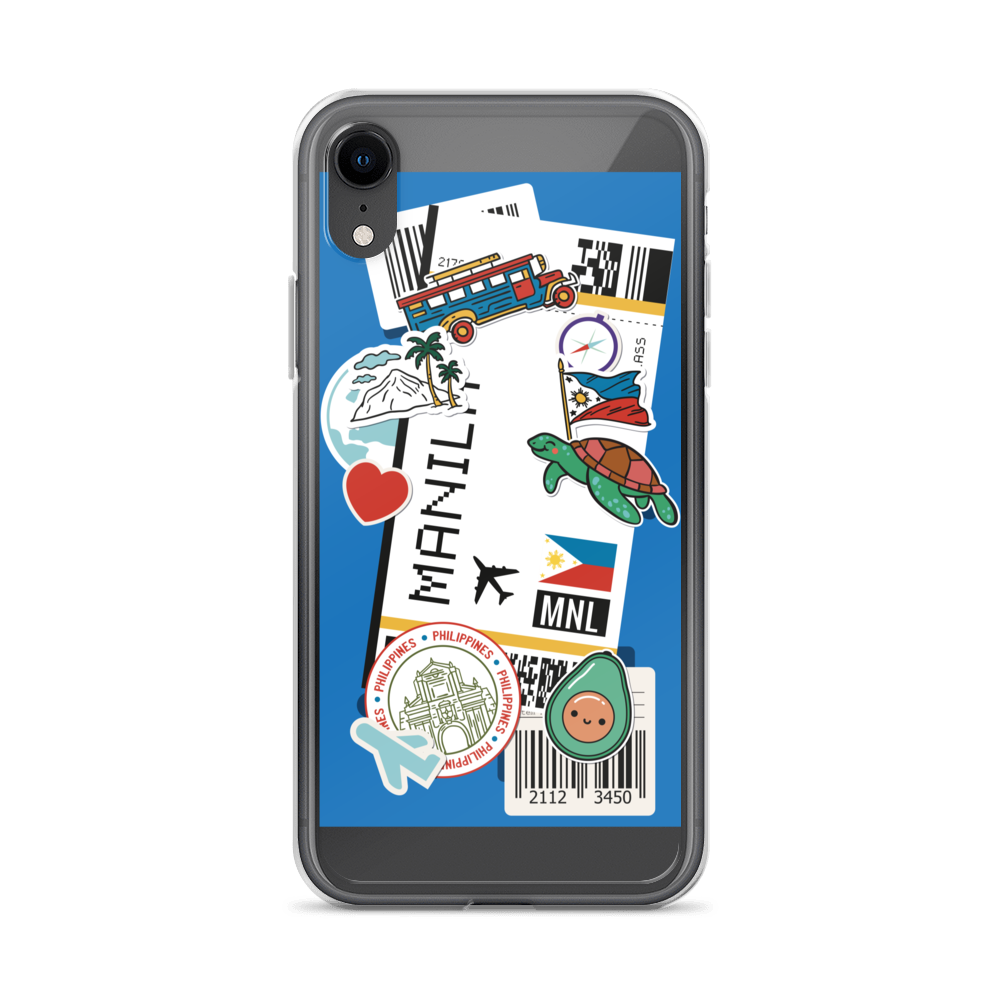 Clear iPhone case featuring Filipino travel themed stickers like Manila boarding pass and jeepney