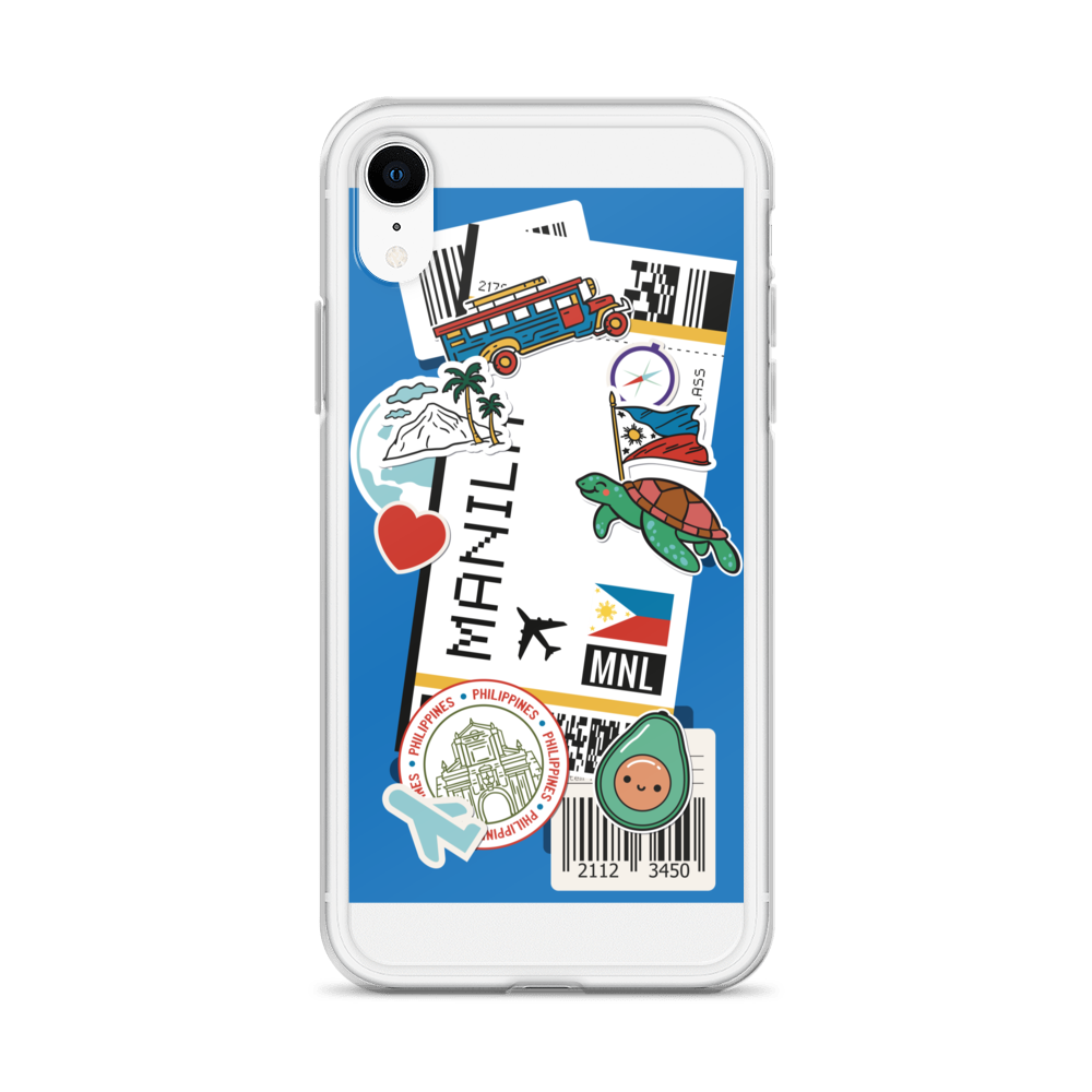 iPhone clear case with Phil Travel Boarding Pass design featuring Manila stickers and jeepney.
